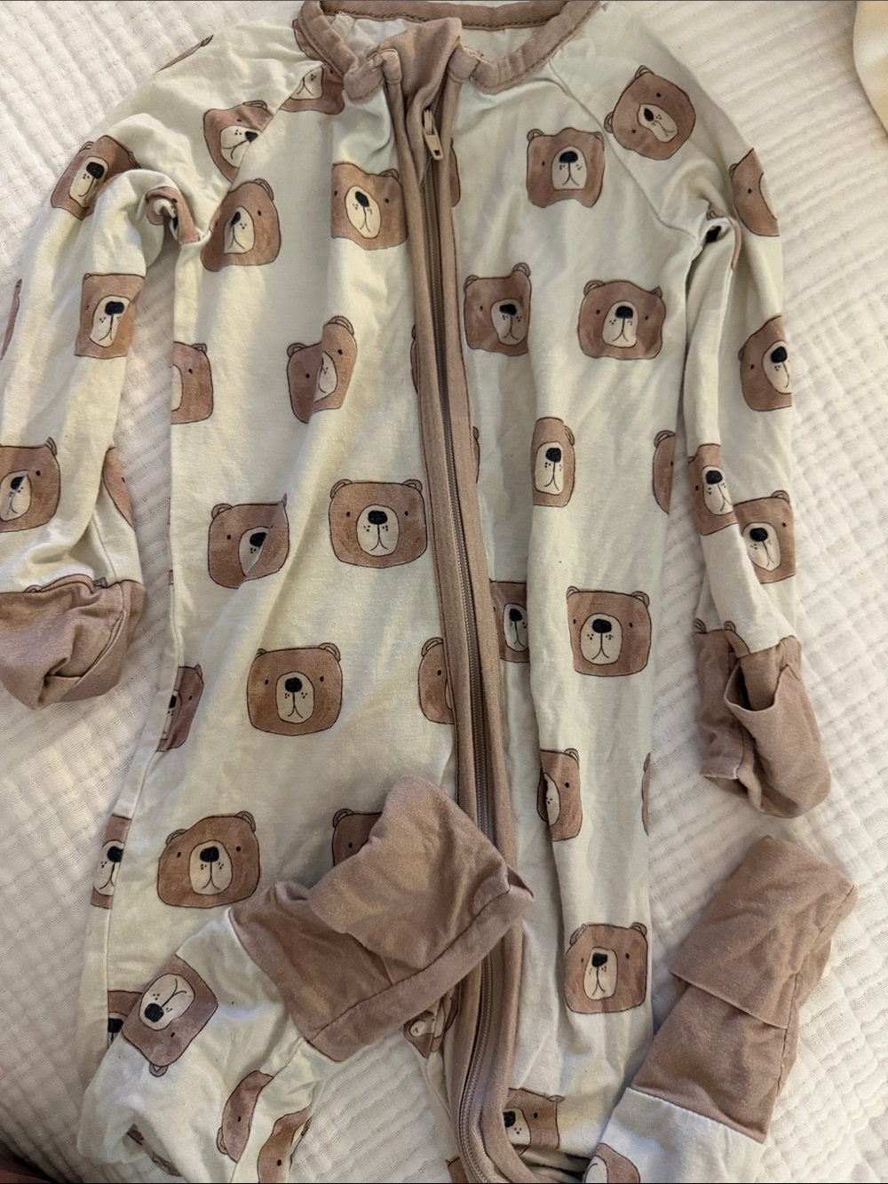 Kids Bear Print Zip Pajamas - Beige/Brown